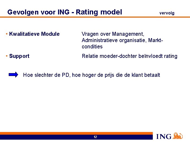 Gevolgen voor ING - Rating model vervolg • Kwalitatieve Module Vragen over Management, Administratieve