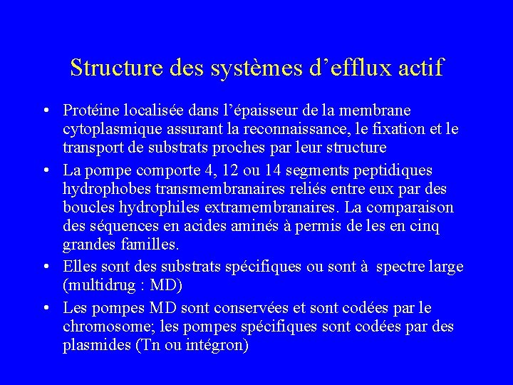 Structure des systèmes d’efflux actif • Protéine localisée dans l’épaisseur de la membrane cytoplasmique