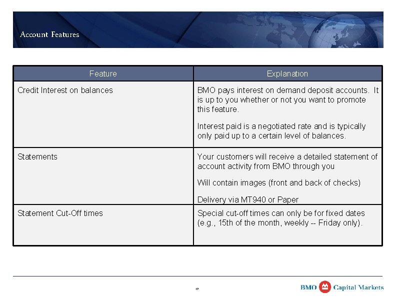 Account Features Feature Credit Interest on balances Explanation BMO pays interest on demand deposit