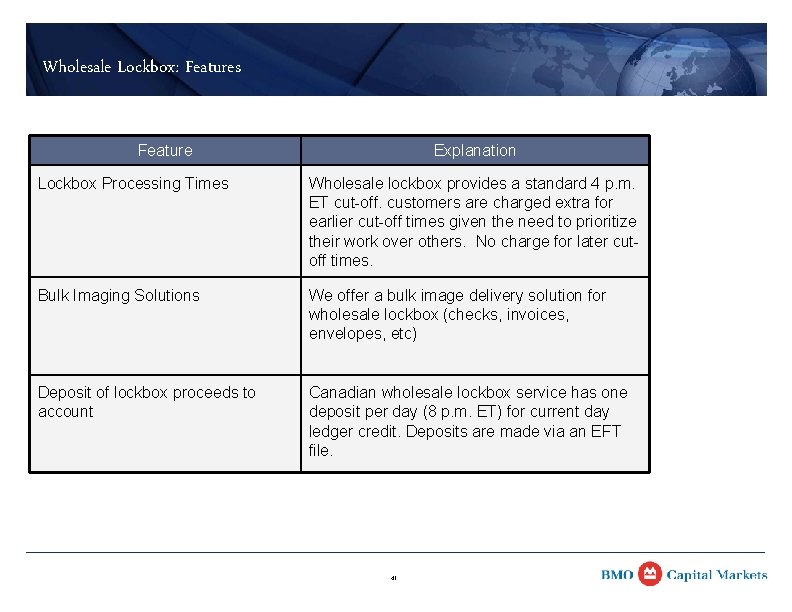 Wholesale Lockbox: Features Feature Explanation Lockbox Processing Times Wholesale lockbox provides a standard 4