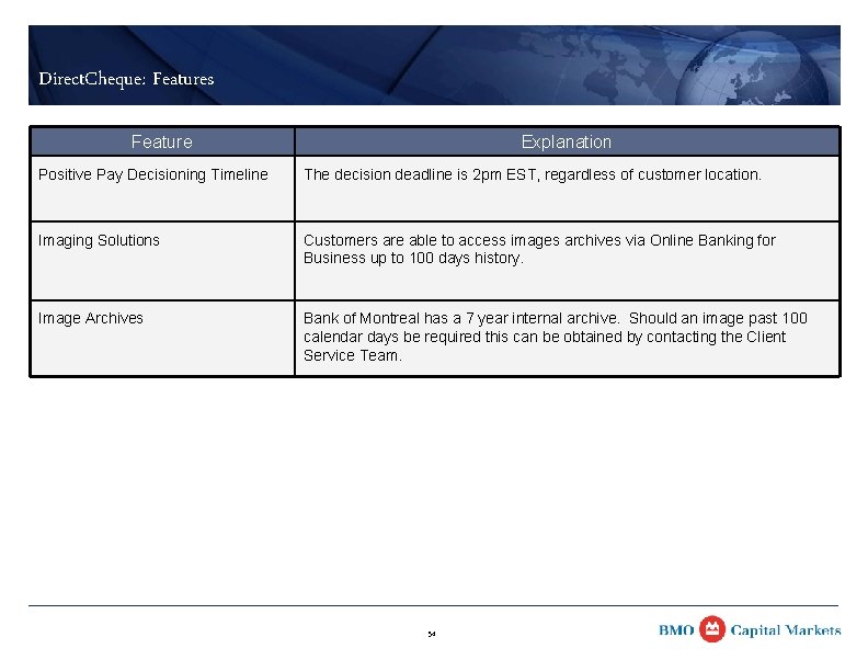 Direct. Cheque: Features Feature Explanation Positive Pay Decisioning Timeline The decision deadline is 2