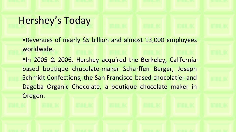 Hershey’s Today §Revenues of nearly $5 billion and almost 13, 000 employees worldwide. §In