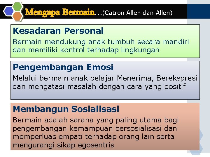 Mengapa Bermain…(Catron Allen dan Allen) Kesadaran Personal Bermain mendukung anak tumbuh secara mandiri dan