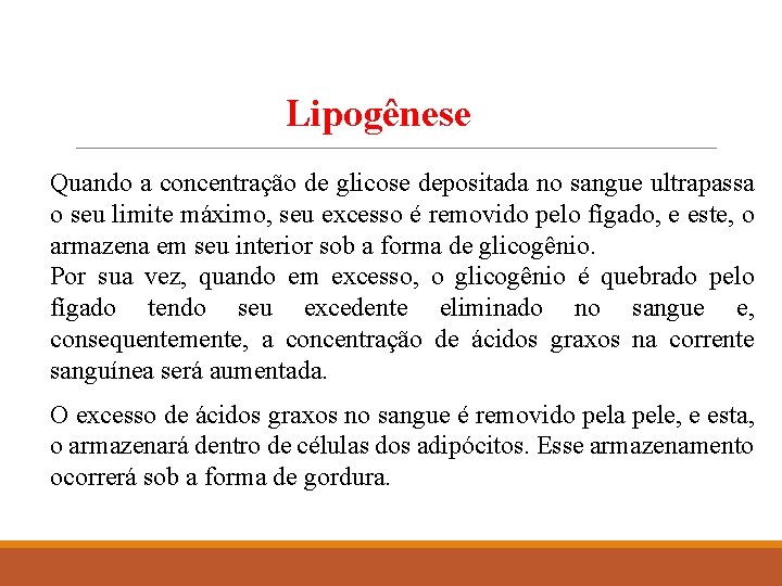 Lipogênese Quando a concentração de glicose depositada no sangue ultrapassa o seu limite máximo,
