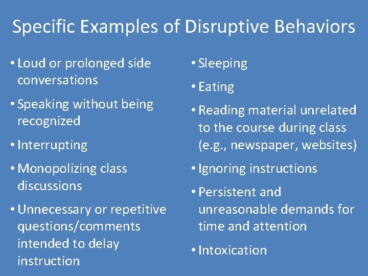 Specific Examples of Disruptive Behaviors • Loud or prolonged side conversations • Sleeping •
