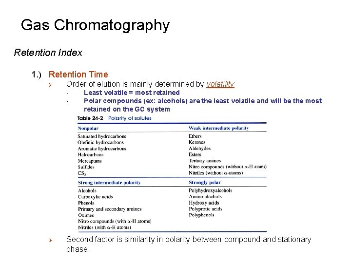 Gas Chromatography Retention Index 1. ) Retention Time Ø Order of elution is mainly