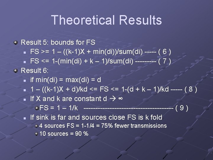 Theoretical Results Result 5: bounds for FS n FS >= 1 – ((k-1)X +