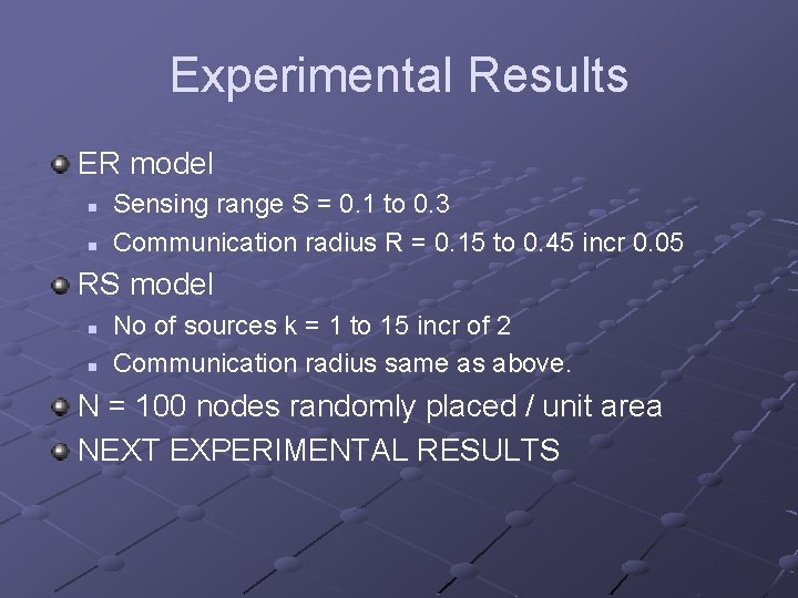 Experimental Results ER model n n Sensing range S = 0. 1 to 0.