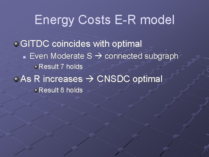 Energy Costs E-R model GITDC coincides with optimal n Even Moderate S connected subgraph