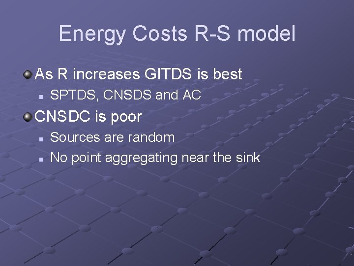 Energy Costs R-S model As R increases GITDS is best n SPTDS, CNSDS and