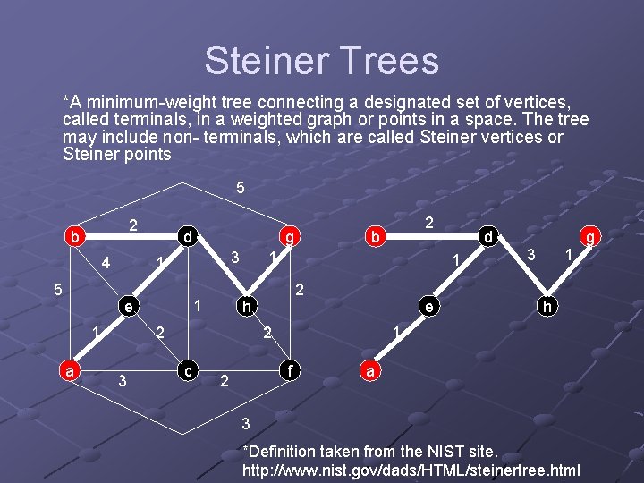 Steiner Trees *A minimum-weight tree connecting a designated set of vertices, called terminals, in