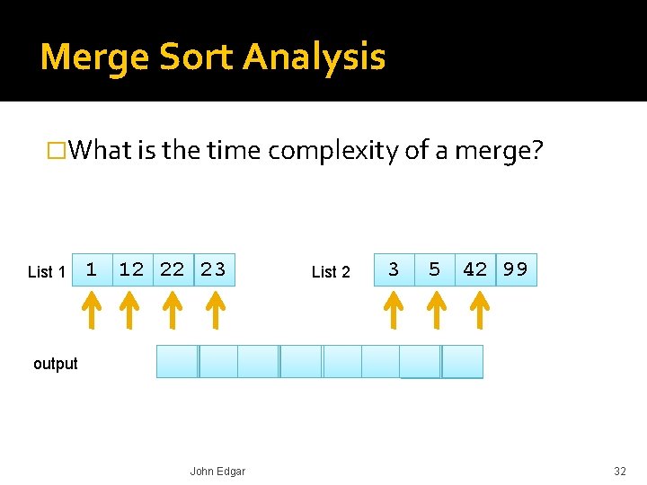 Merge Sort Analysis �What is the time complexity of a merge? List 1 output