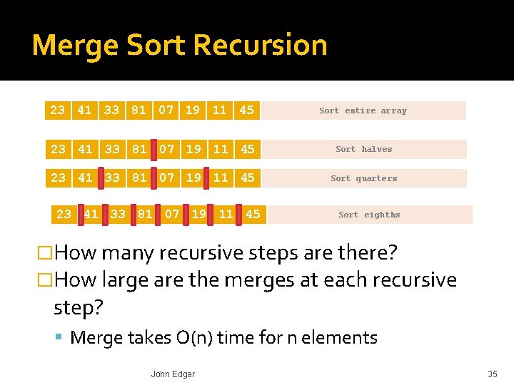 Merge Sort Recursion 23 41 33 81 07 19 11 45 Sort entire array