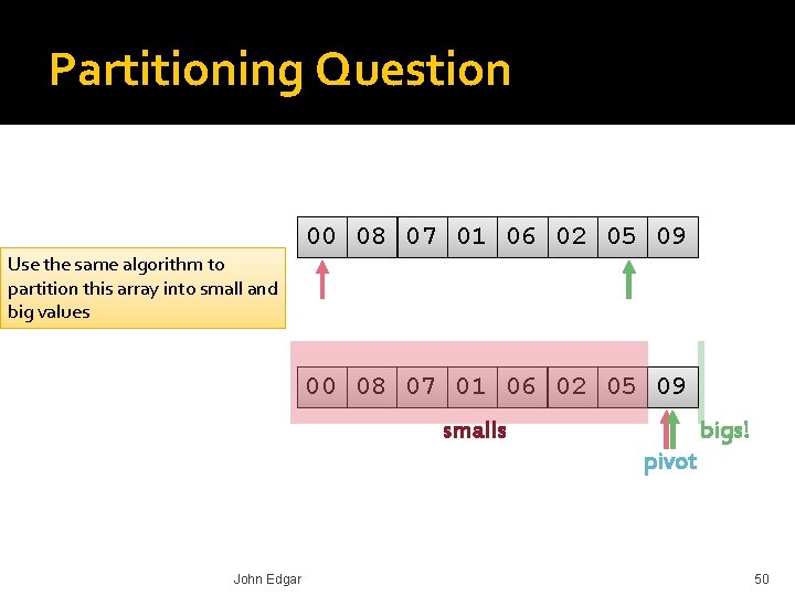 Partitioning Question Use the same algorithm to partition this array into small and big