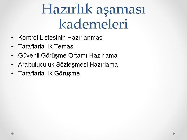 Hazırlık aşaması kademeleri • • • Kontrol Listesinin Hazırlanması Taraflarla İlk Temas Güvenli Görüşme