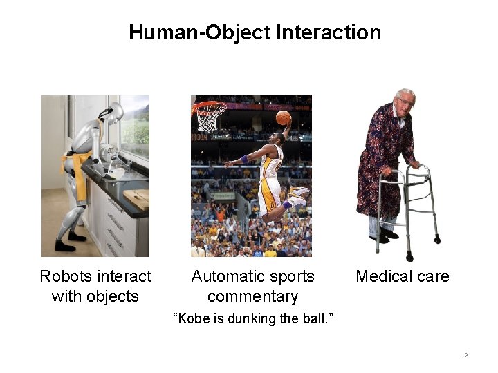 Human-Object Interaction Robots interact with objects Automatic sports commentary Medical care “Kobe is dunking