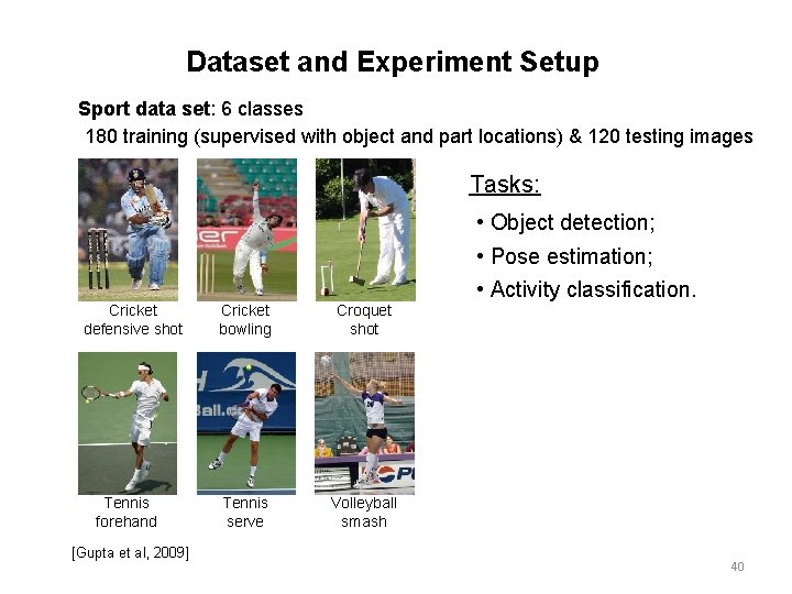 Dataset and Experiment Setup Sport data set: 6 classes 180 training (supervised with object