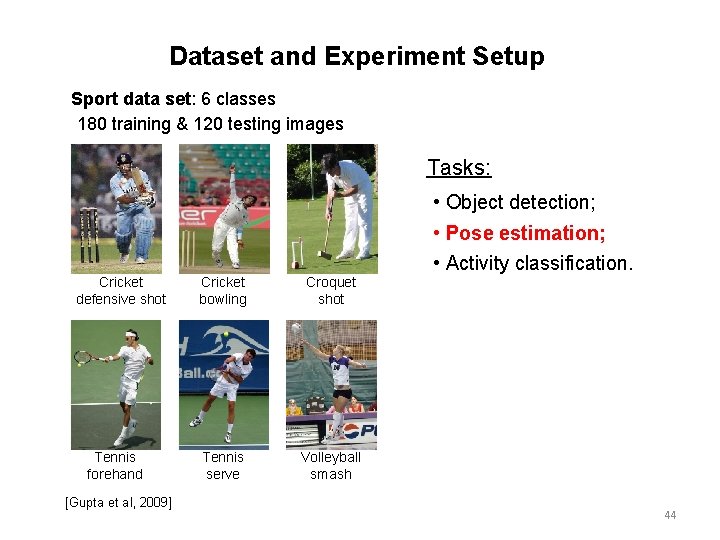 Dataset and Experiment Setup Sport data set: 6 classes 180 training & 120 testing