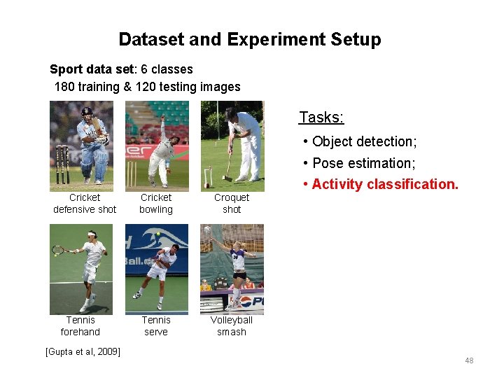 Dataset and Experiment Setup Sport data set: 6 classes 180 training & 120 testing