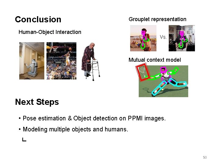 Conclusion Human-Object Interaction Grouplet representation Vs. Mutual context model Next Steps • Pose estimation