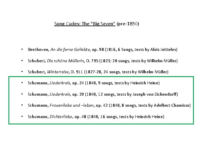 Song Cycles: The “Big Seven” (pre-1850) • Beethoven, An die ferne Geliebte, op. 98