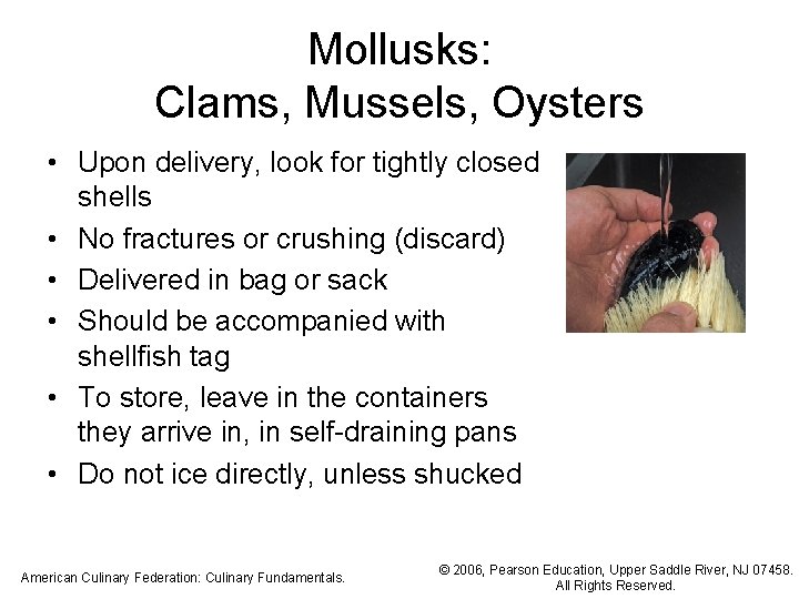 Mollusks: Clams, Mussels, Oysters • Upon delivery, look for tightly closed shells • No
