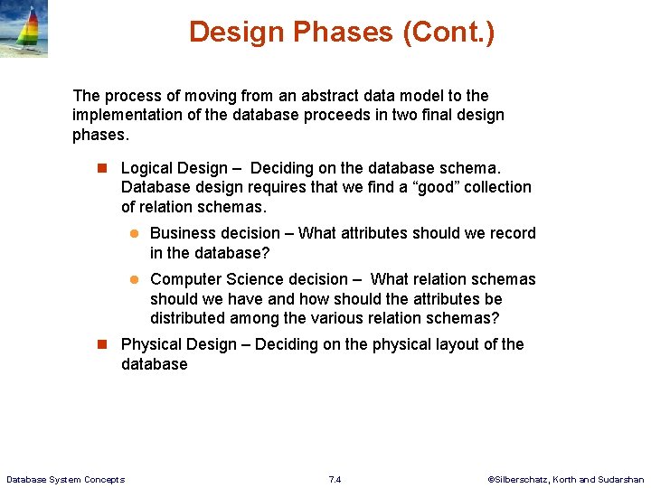 Design Phases (Cont. ) The process of moving from an abstract data model to
