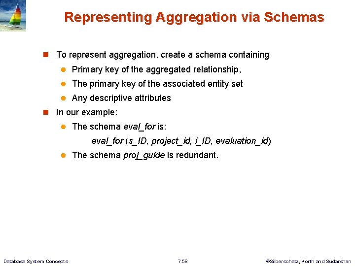 Representing Aggregation via Schemas n To represent aggregation, create a schema containing l Primary