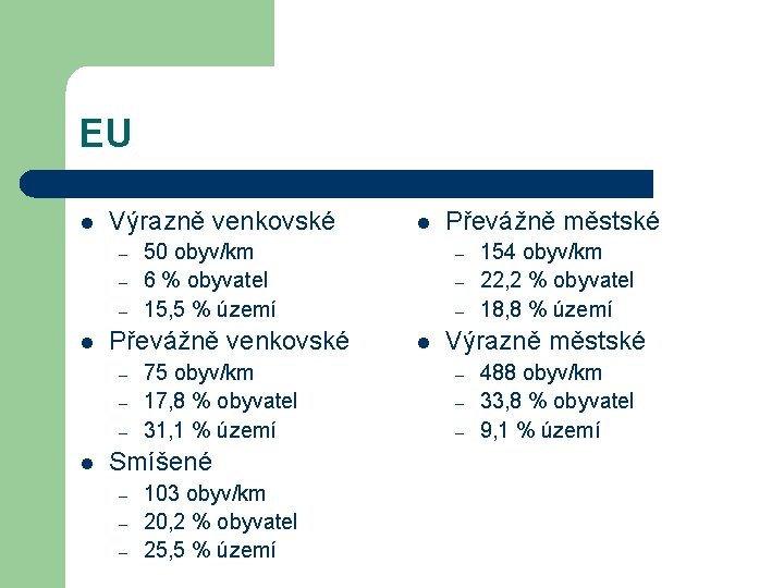 EU l Výrazně venkovské – – – l 50 obyv/km 6 % obyvatel 15,