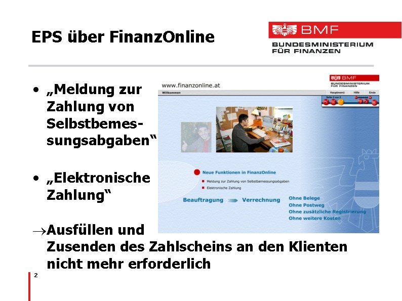 EPS über Finanz. Online • „Meldung zur Zahlung von Selbstbemessungsabgaben“ • „Elektronische Zahlung“ ®Ausfüllen