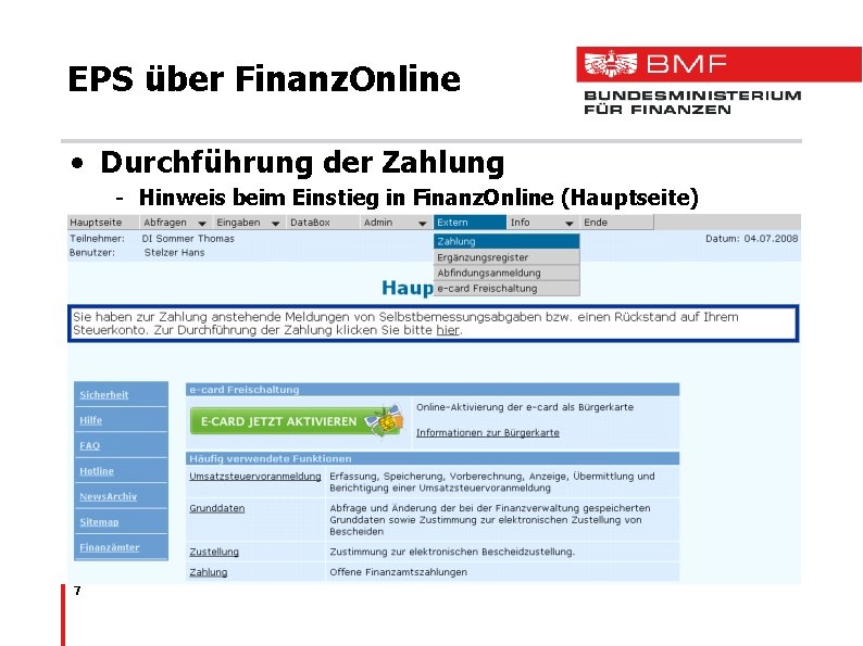 EPS über Finanz. Online • Durchführung der Zahlung - Hinweis beim Einstieg in Finanz.