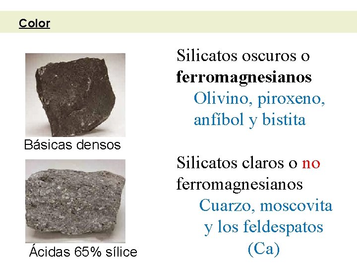 Color Silicatos oscuros o ferromagnesianos Olivino, piroxeno, anfíbol y bistita Básicas densos Ácidas 65%