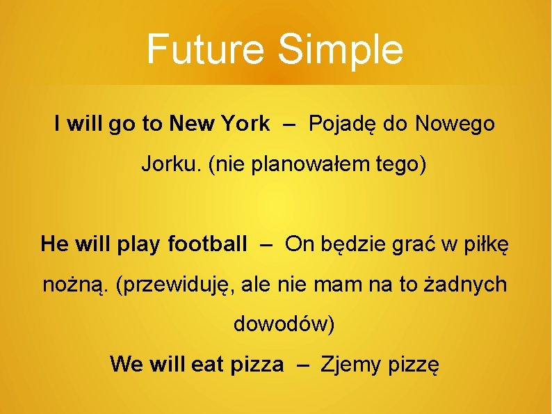 Future Simple I will go to New York – Pojadę do Nowego Jorku. (nie