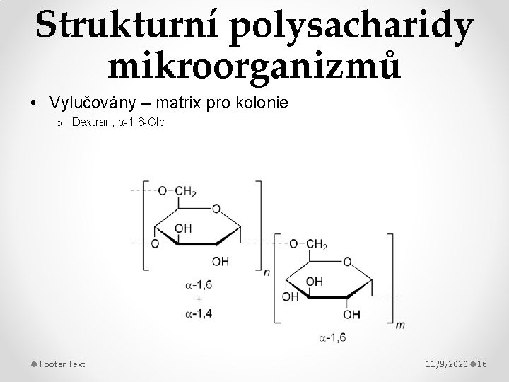 Strukturní polysacharidy mikroorganizmů • Vylučovány – matrix pro kolonie o Dextran, α-1, 6 -Glc