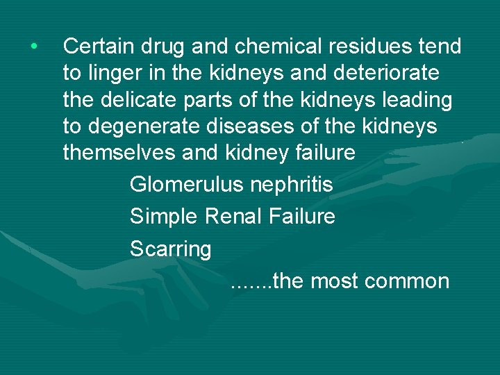  • Certain drug and chemical residues tend to linger in the kidneys and