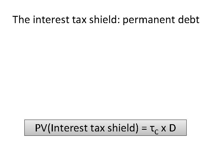 The interest tax shield: permanent debt PV(Interest tax shield) = τC x D 