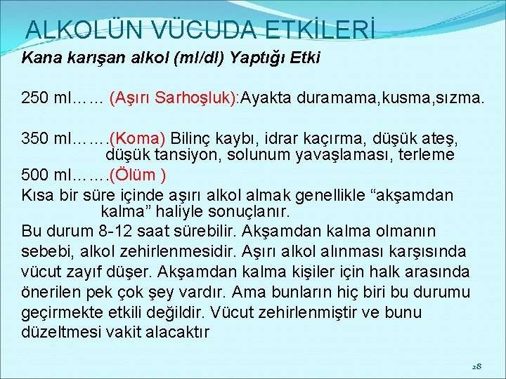 ALKOLÜN VÜCUDA ETKİLERİ Kana karışan alkol (ml/dl) Yaptığı Etki 250 ml…… (Aşırı Sarhoşluk): Ayakta