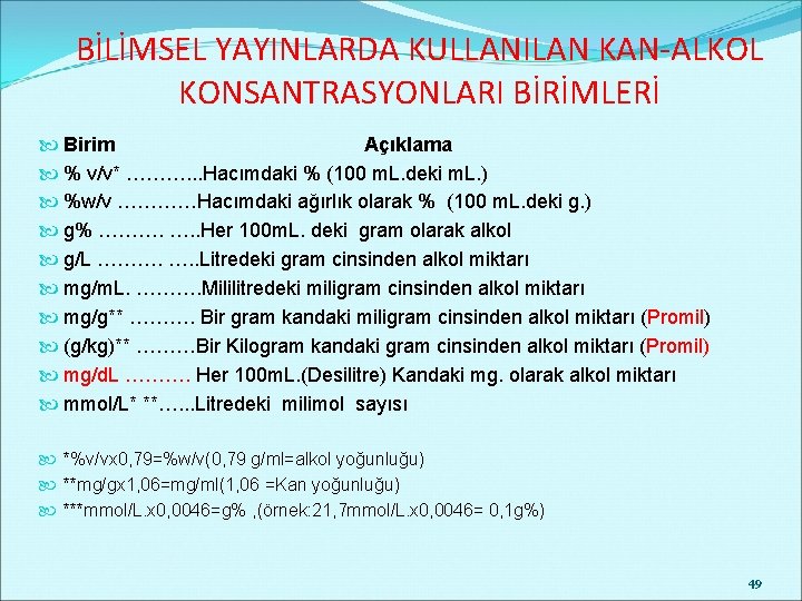 BİLİMSEL YAYINLARDA KULLANILAN KAN-ALKOL KONSANTRASYONLARI BİRİMLERİ Birim Açıklama % v/v* ………. . . Hacımdaki