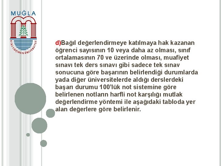 d)Bağıl değerlendirmeye katılmaya hak kazanan öğrenci sayısının 10 veya daha az olması, sınıf ortalamasının