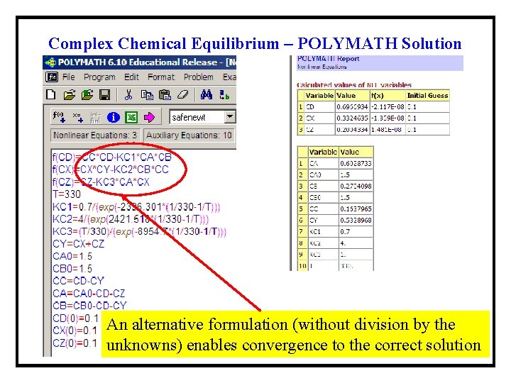 Complex Chemical Equilibrium – POLYMATH Solution An alternative formulation (without division by the unknowns)