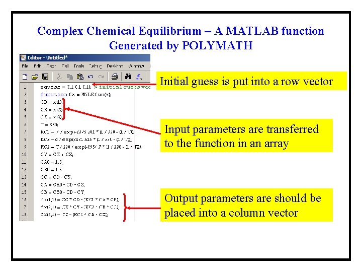 Complex Chemical Equilibrium – A MATLAB function Generated by POLYMATH Initial guess is put