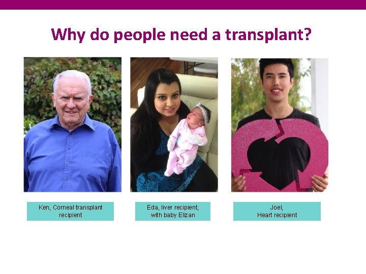 Why do people need a transplant? Ken, Corneal transplant recipient 3 Eda, liver recipient,