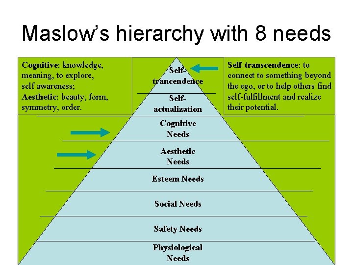 Maslow’s hierarchy with 8 needs Cognitive: knowledge, meaning, to explore, self awareness; Aesthetic: beauty,