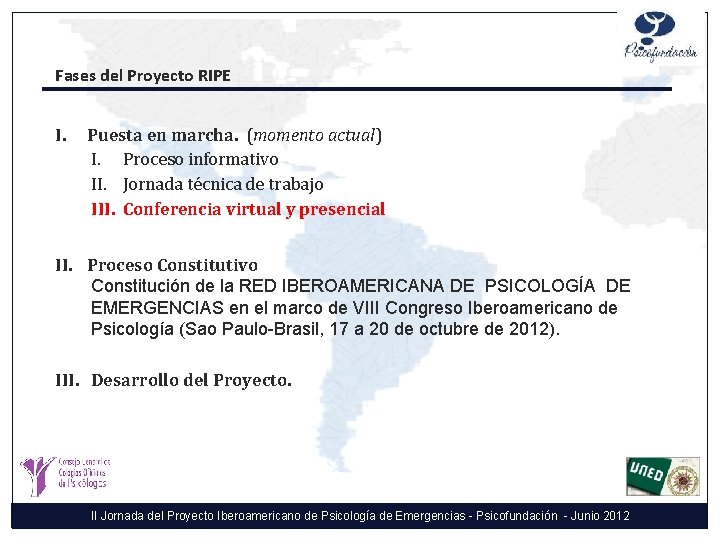 Fases del Proyecto RIPE I. Puesta en marcha. (momento actual) I. Proceso informativo II.