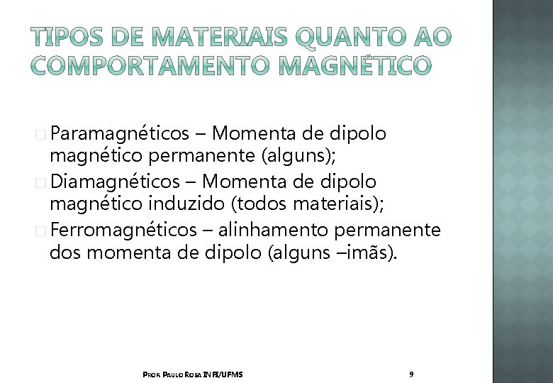 � Paramagnéticos – Momenta de dipolo magnético permanente (alguns); � Diamagnéticos – Momenta de