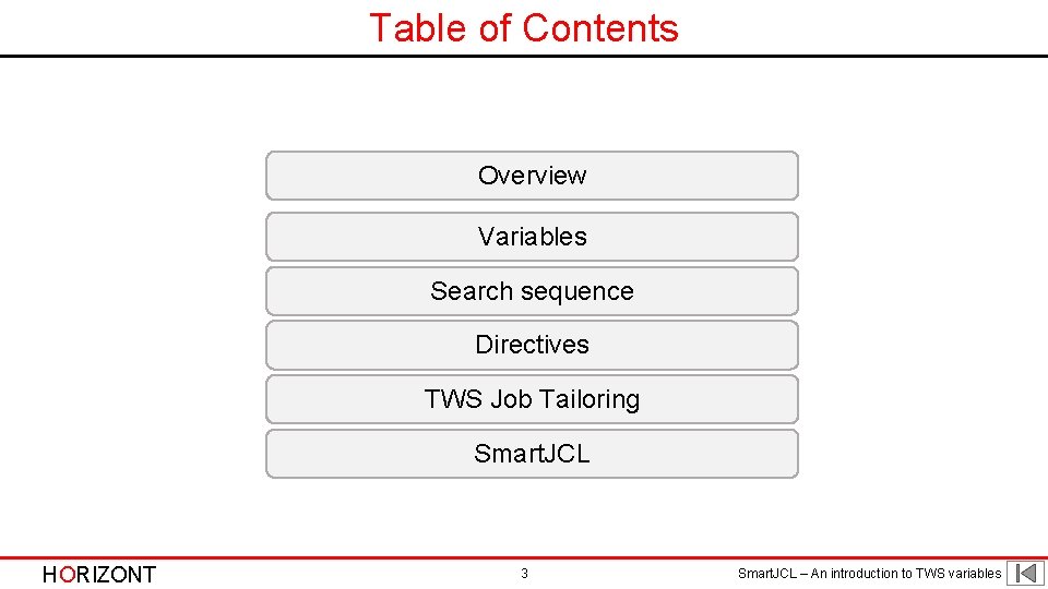 Table of Contents Overview Variables Search sequence Directives TWS Job Tailoring Smart. JCL HORIZONT