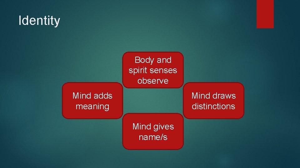 Identity Body and spirit senses observe Mind adds meaning Mind draws distinctions Mind gives