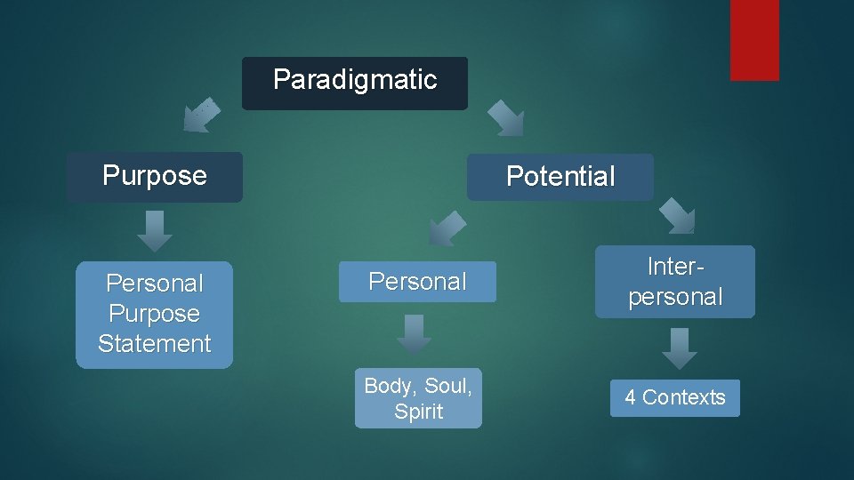 Paradigmatic Purpose Personal Purpose Statement Potential Personal Interpersonal Body, Soul, Spirit 4 Contexts 