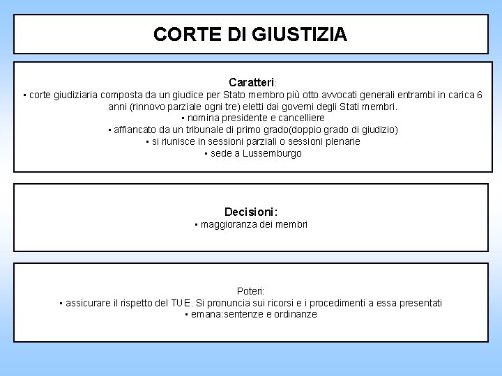 CORTE DI GIUSTIZIA Caratteri: • corte giudiziaria composta da un giudice per Stato membro