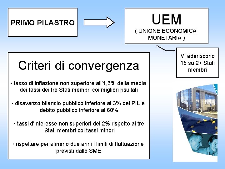 UEM PRIMO PILASTRO ( UNIONE ECONOMICA MONETARIA ) Criteri di convergenza • tasso di